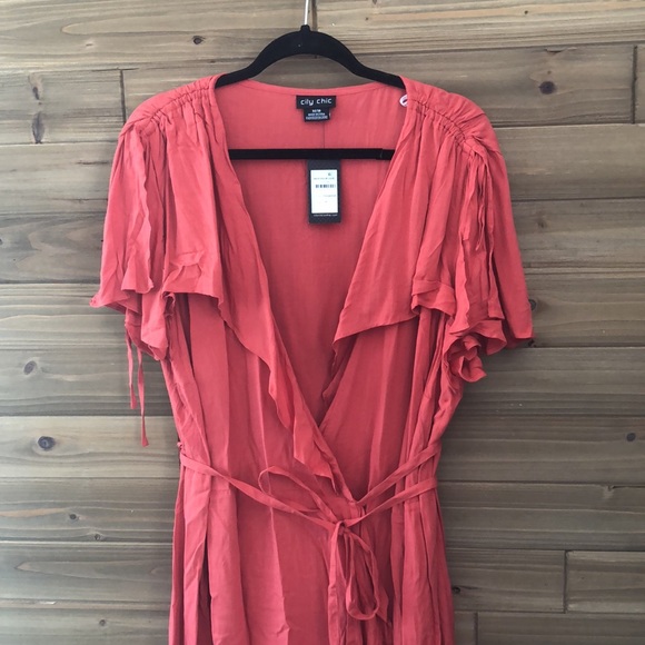 NWT City Chic Palm Love Wrap Split Sleeve Maxi Dress in Tangerine Orange Size 18 - Picture 3 of 7